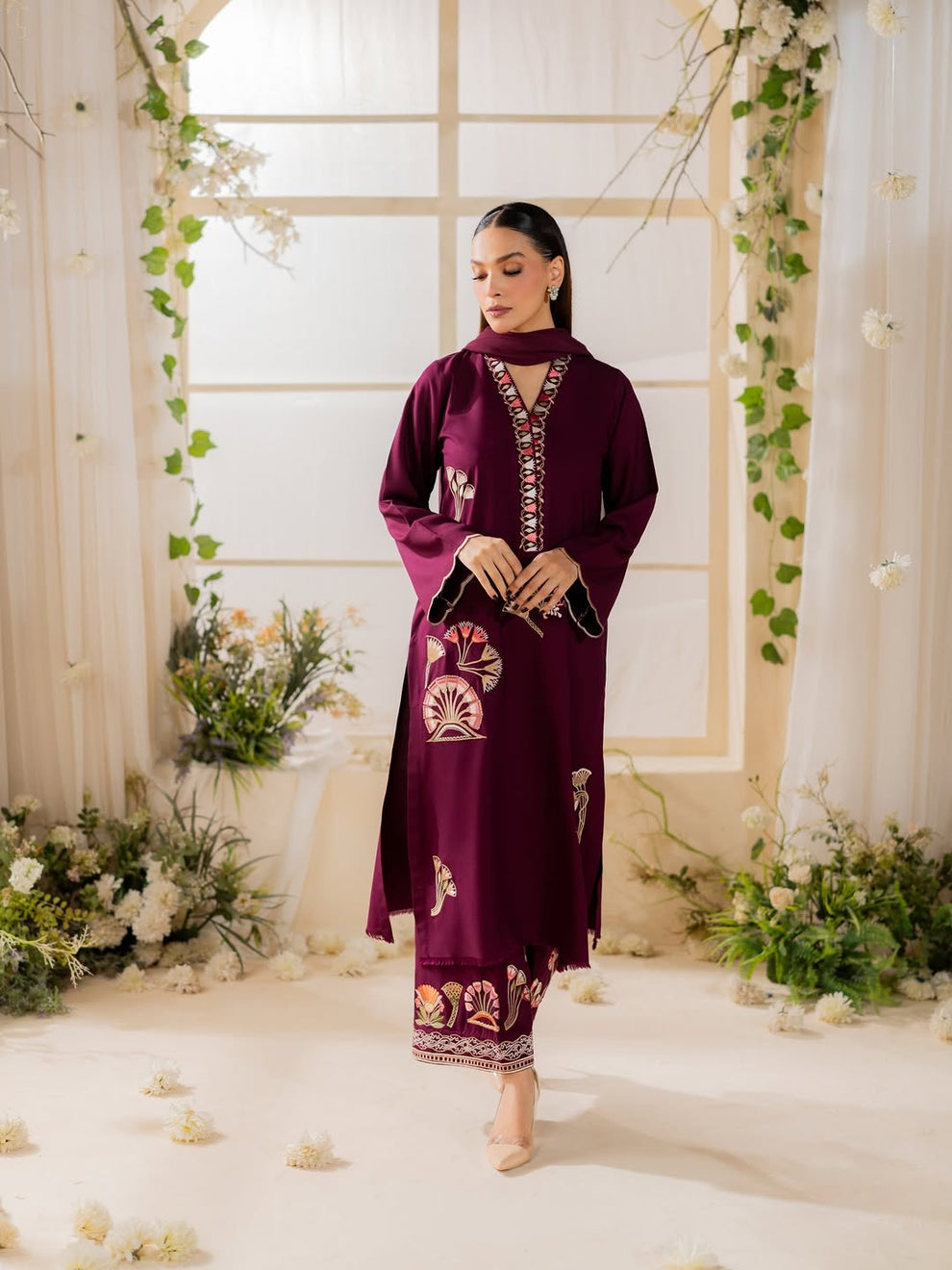 Crimson Grace-3pc embroidered dress